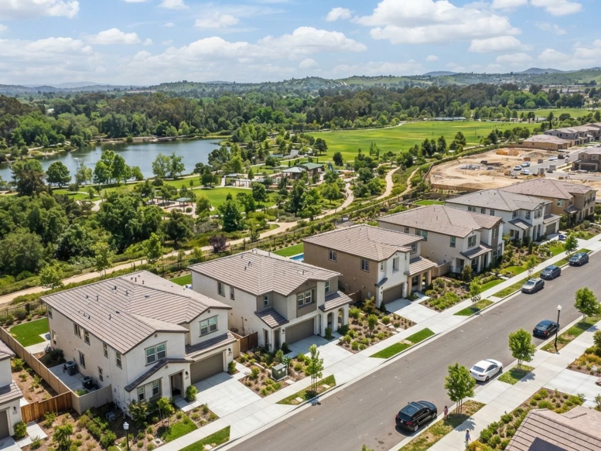 Aerial view of a newer master-planned neighborhood in Eastvale, CA, served by Corona Apex Plumbing