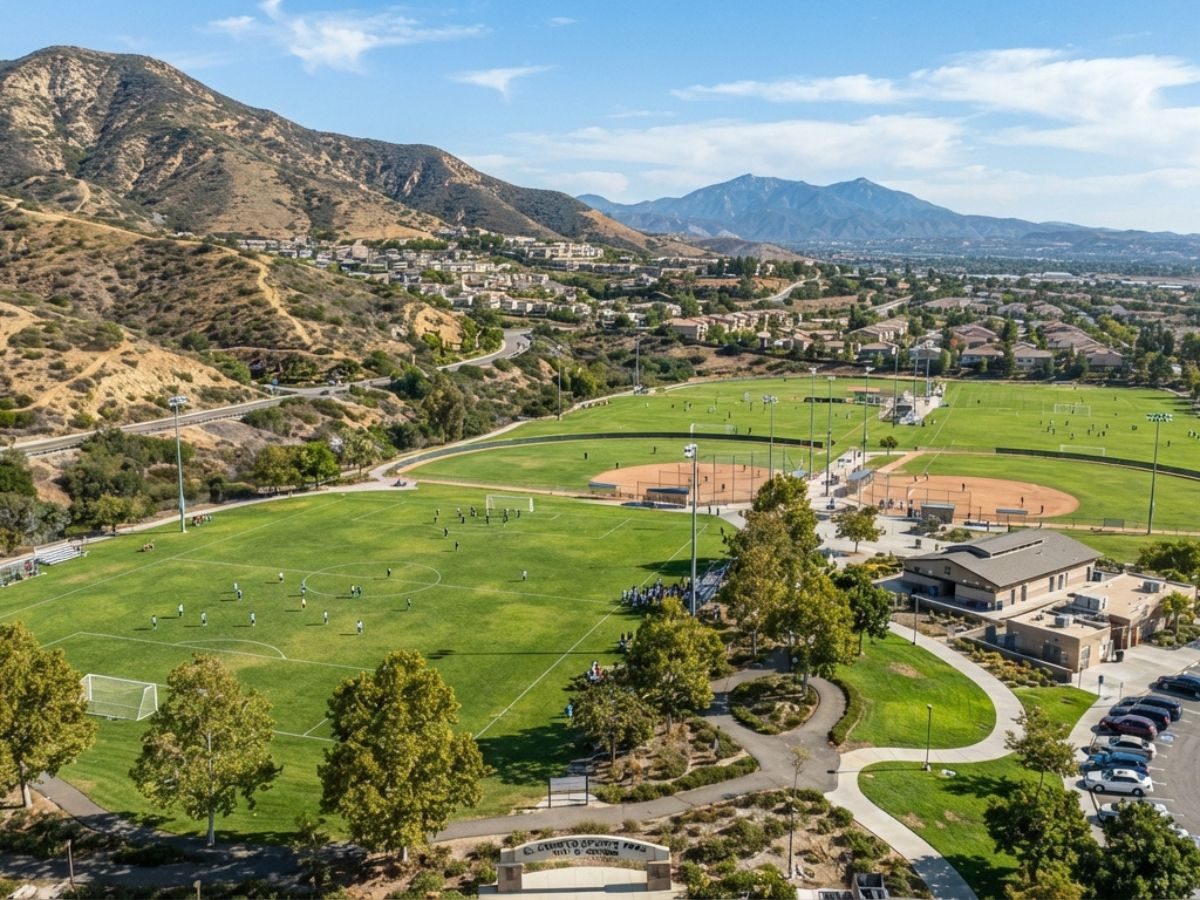 Aerial view of El Cerrito Sports Park in El Cerrito, Corona, CA, a hillside neighborhood served by Corona Apex Plumbing