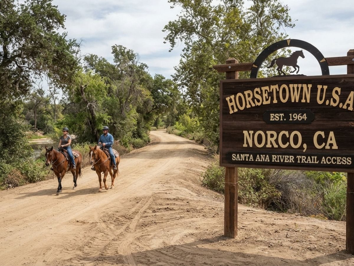 Horsetown USA sign at the Santa Ana River Trail access point in Norco, CA, served by Corona Apex Plumbing