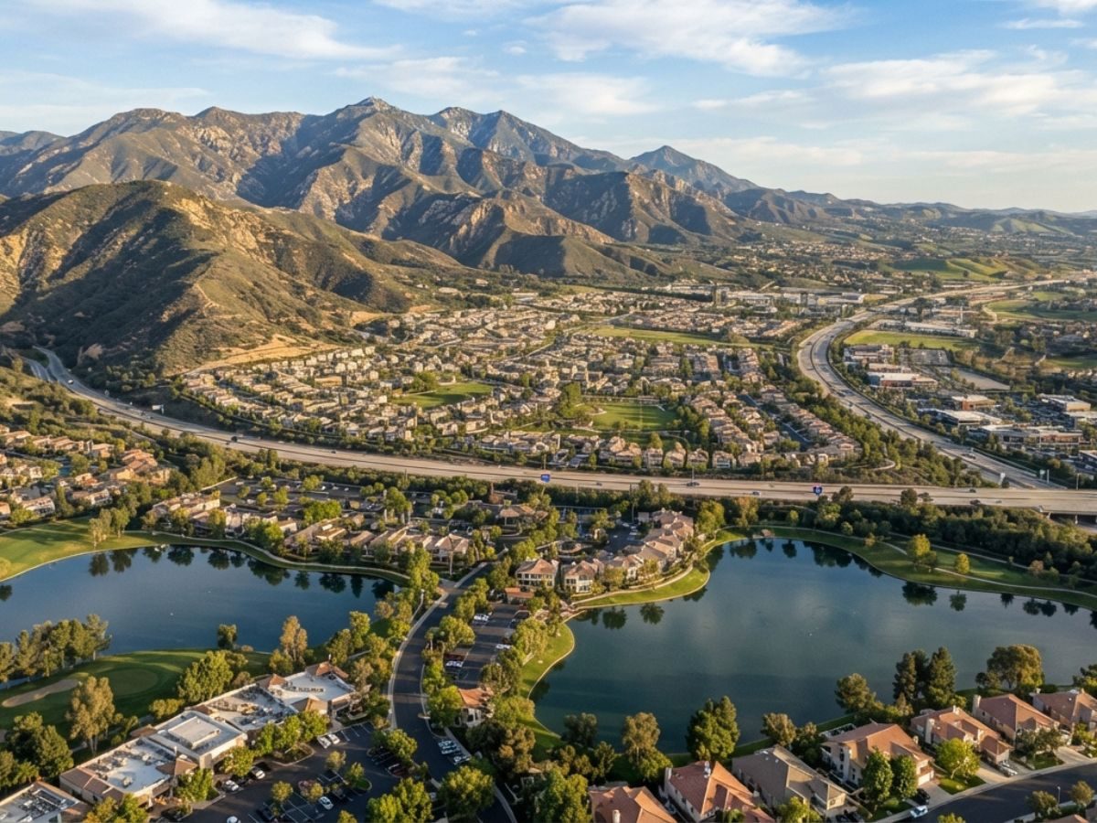 Aerial view of the Dos Lagos area in Temescal Valley, South Corona, CA, served by Corona Apex Plumbing